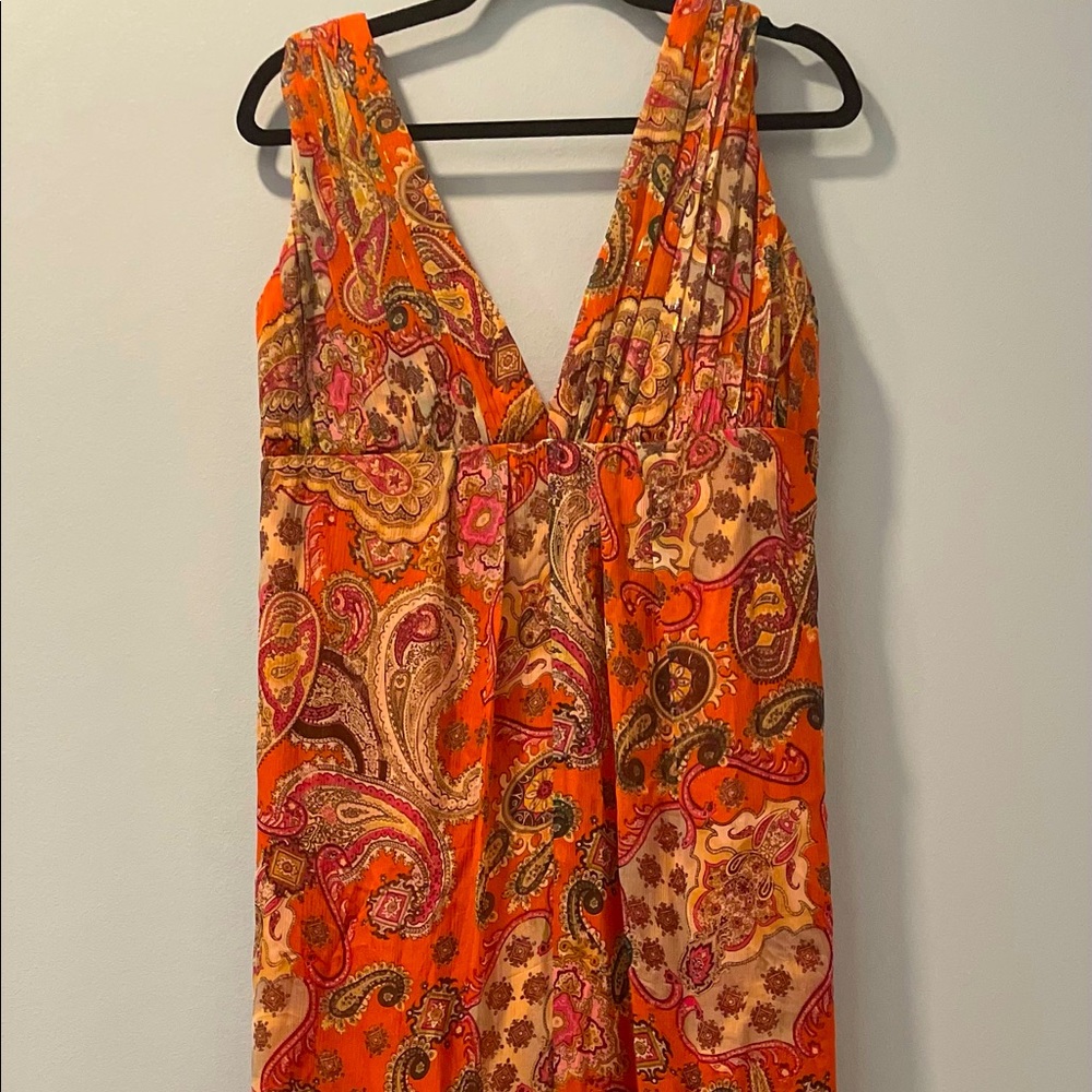 ABS sleeveless maxi dress. Orange paisley silk.